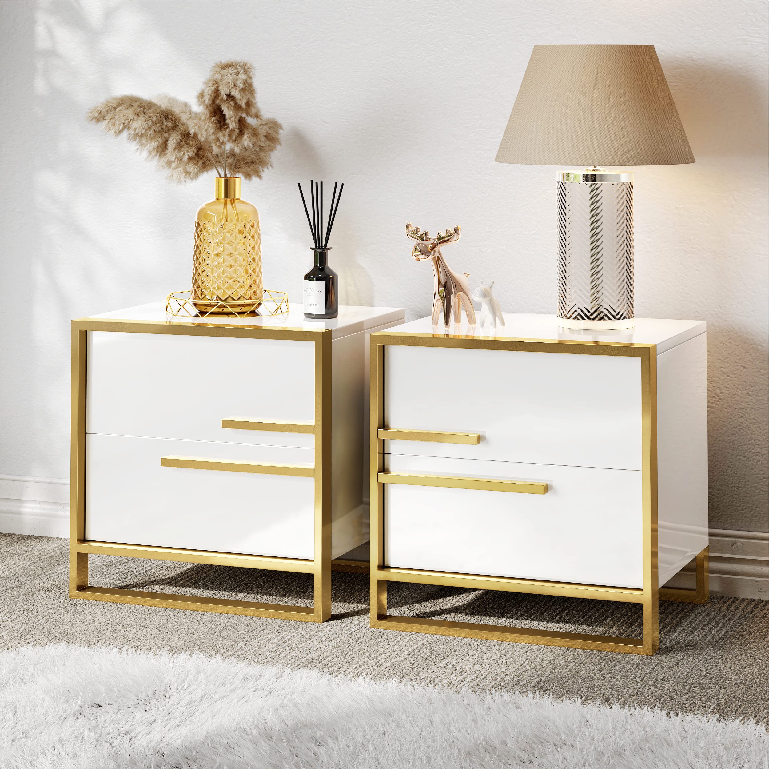 HERNEST Modern Nightstand Set of 2 Storage Cabinet with Solid Wood 2 Drawers Sofa Bedside End Table Glam Steel Frame Accent Furniture Without Assembly for Bedroom/Living Room/Salon/Office, White