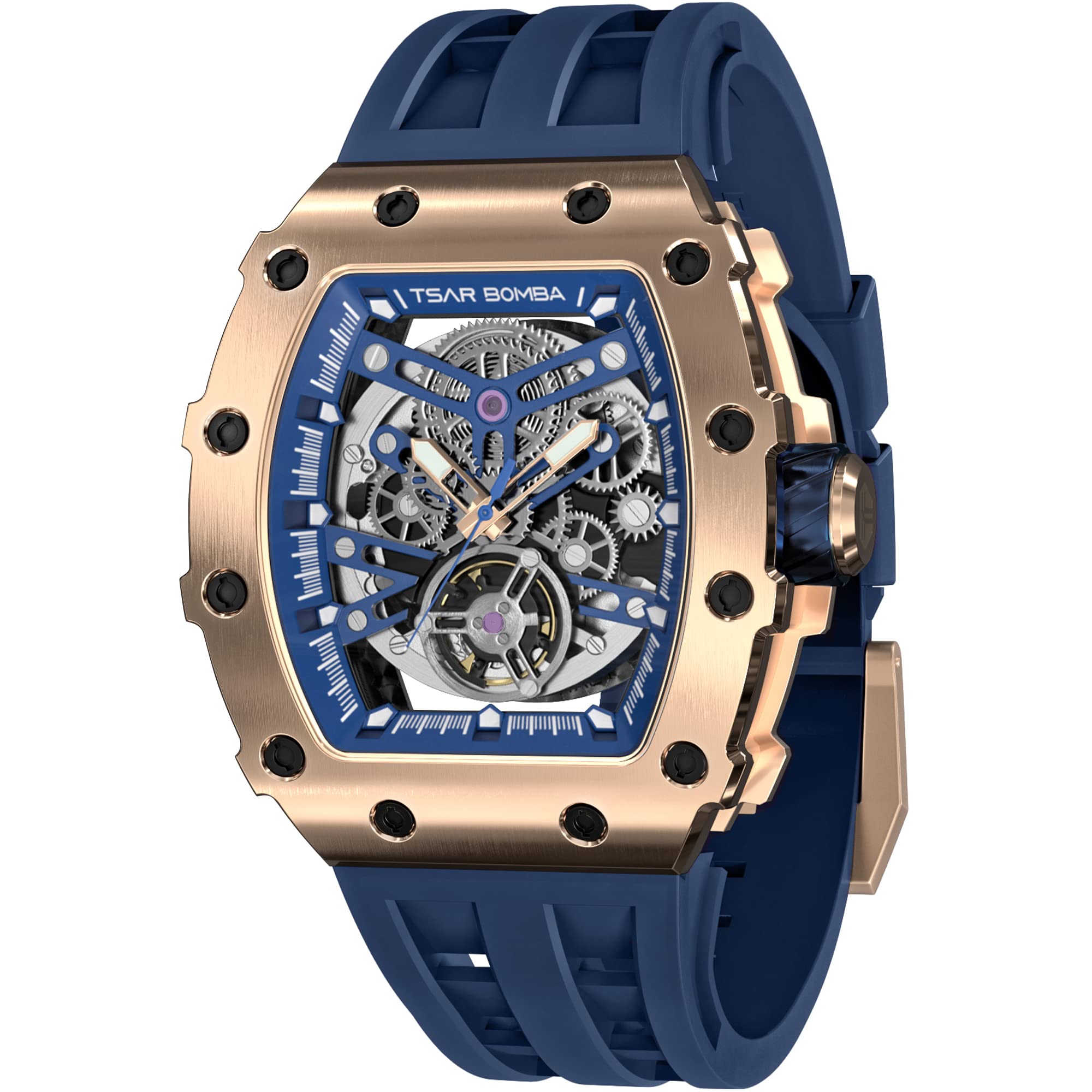 Watch for Men, 50M Waterproof Automatic Mens Watch, Skeleton Mechanical Tonneau Big Face Dial Black Watch with Silicone Watch Bands, Gifts for Men