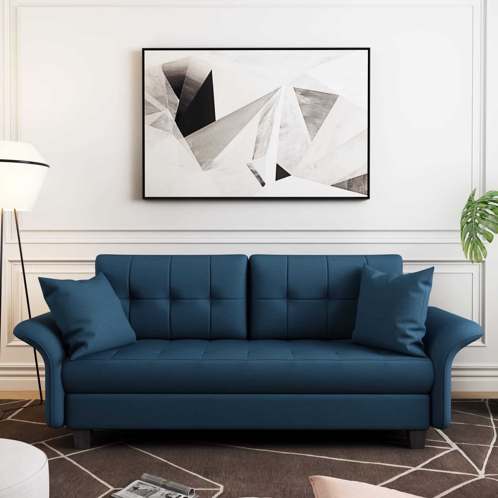 NOSGA Large Sofa, 3 Seater Sofa Couch Linen Fabric Sofa Mid-Century Upholstered Accent Arm Sofa Folding Arm Sofa for Living Room, Bedroom, Office (Blue)