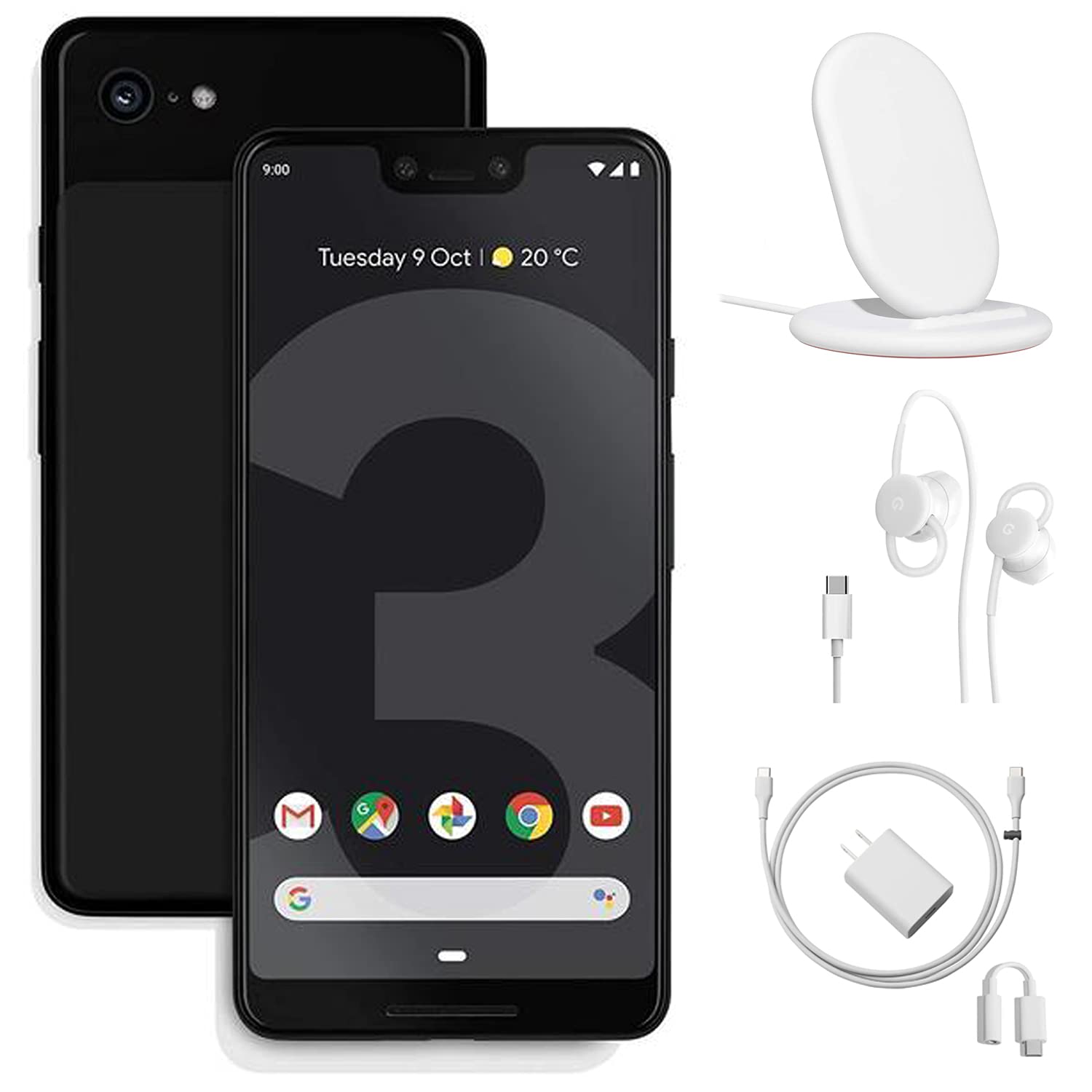 Google Pixel 3 Unlocked Smartphone - 64GB Memory Cell Phone, Just Black, w/Charging Stand, Wired Earbuds Charger - Bundle Set