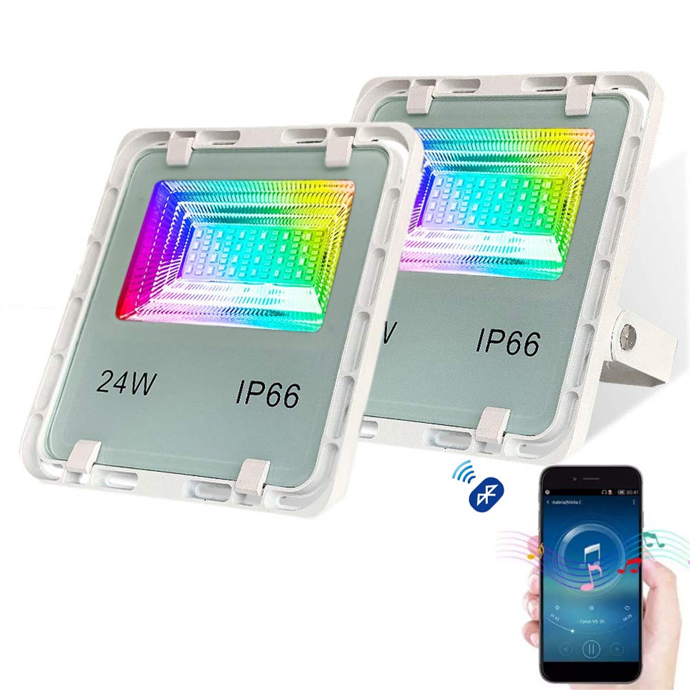Baisico LED Flood Light Outdoor Smart Floodlights RGBCW Dimmable Color Changing，LED Stage Landscape Lights，16 Million Colors& Timing & Music Sync, Apple White, IP66 (2pack)