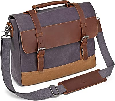 Brand Waxed Waterproof Canvas Briefcase Laptop Messenger Bag Satchel Shoulder Bag Vintage Genuine Leather Briefcase