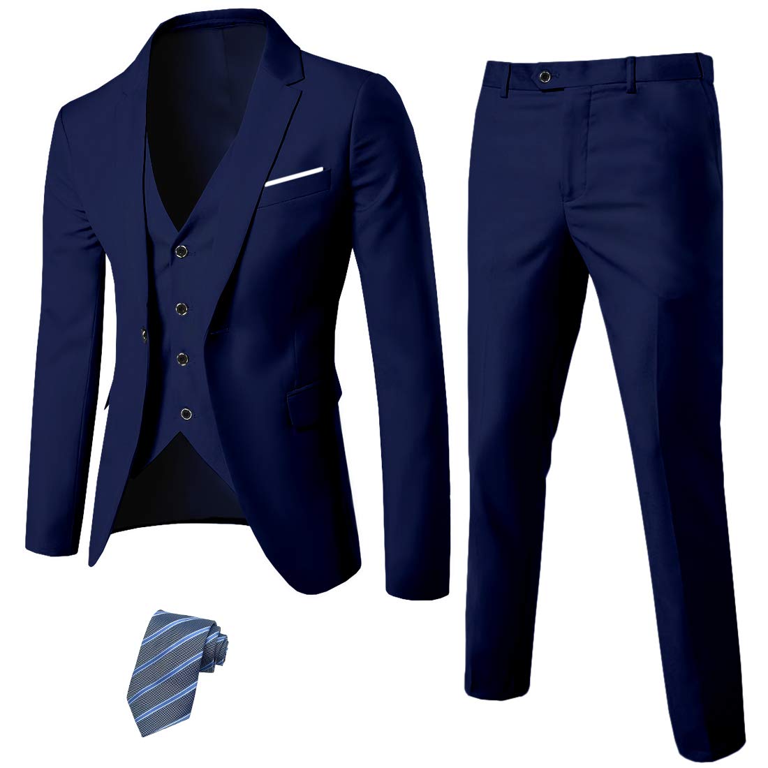 MYS Men's 3 Piece Slim Fit Suit Set, One Button Solid Jacket Vest Pants with Tie