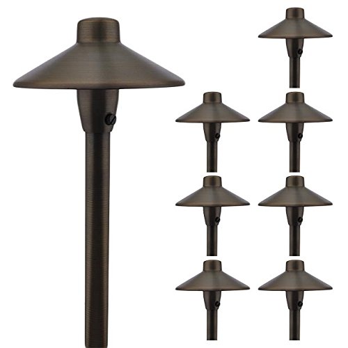 MarsLG BRS1 ETL-Listed Solid Brass Low Voltage Landscape Accent Path and Area Light with 6.5" Shade and 18" Stem in Antique Brass Finish, Ground Spike and Free G4 LED Bulb (8-Pack), 36PL01BSx8
