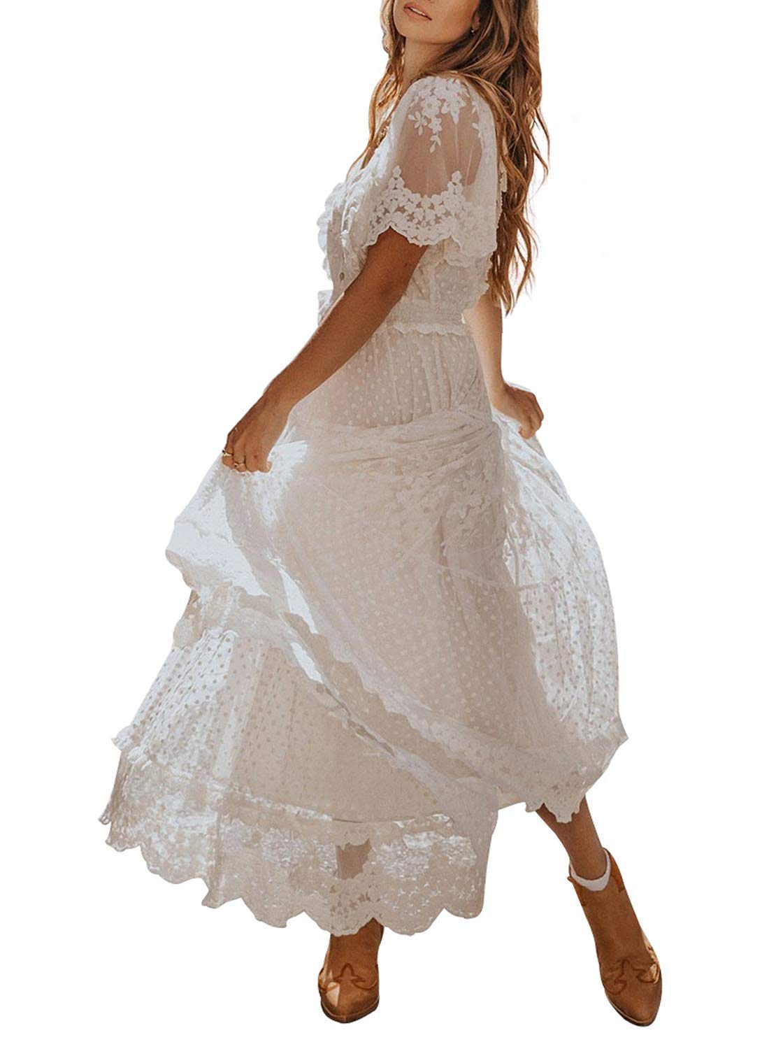 Women's V Neck Button Down Floral Lace Maxi Dress Casual Short Sleeve Boho Flowy Dresses
