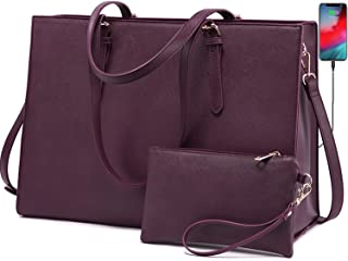 LOVEVOOK Laptop Bag for Women, Fashion Computer Tote Bag Large Capacity Handbag, Leather Shoulder Bag Purse Set, Professional Business Work Briefcase for Office Lady, 2PCs, 15.6-Inch, Deep Plum