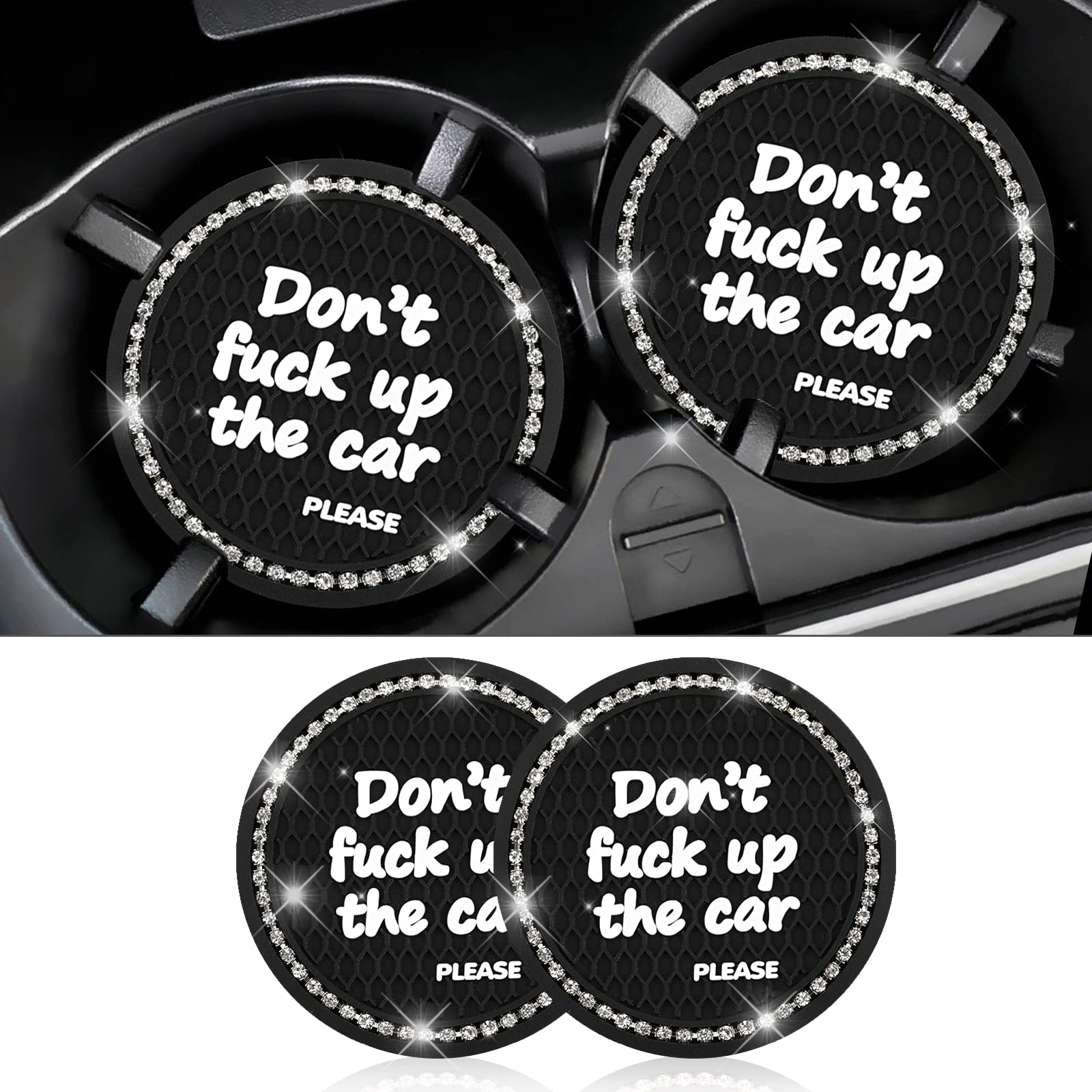 2 Pieces Bling Car Coasters, Universal 2.75In Silicone Anti Slip Cup Holder Insert Coaster, Bling Crystal Rhinestone Honeycomb Texture Water Coaster (Don't Fuck up The car Please #White)
