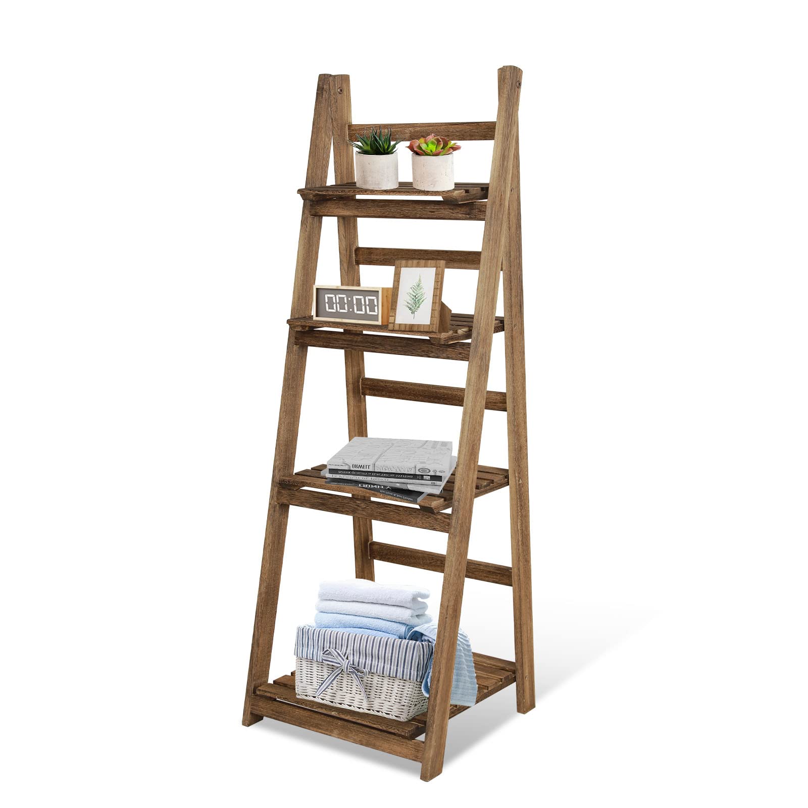 ECOMEX 4 Tier Ladder Shelf, Wooden Ladder Shelf 4 Tier Bookshelf Rustic Foldable Ladder Shelf Storage Rack for Home Bedroom Office, Rustic Brown