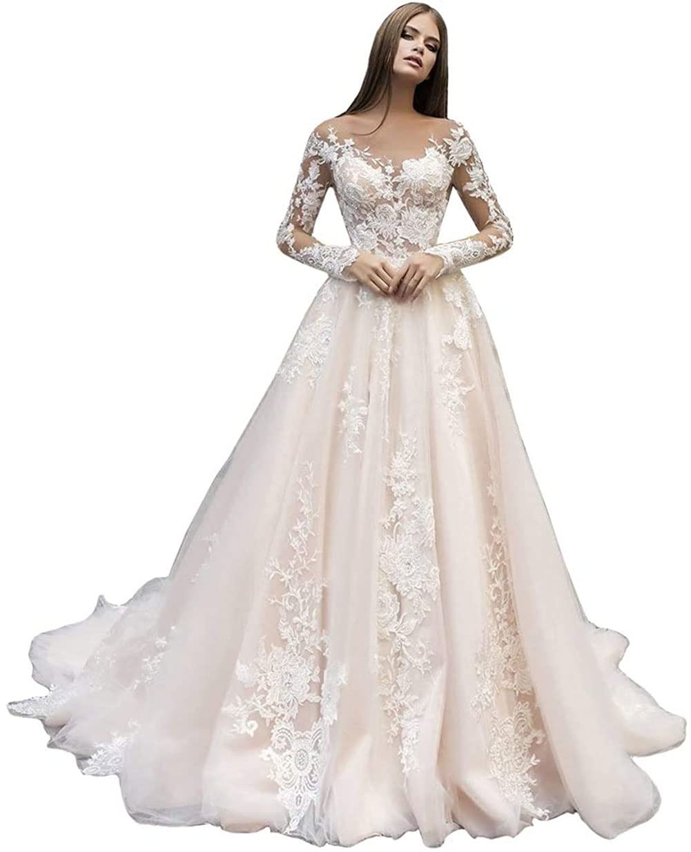 Women's Lace Appliques Beaded V-Neck Wedding Dresses 2022 Tulle Boho Bridal Gowns Sleeveless