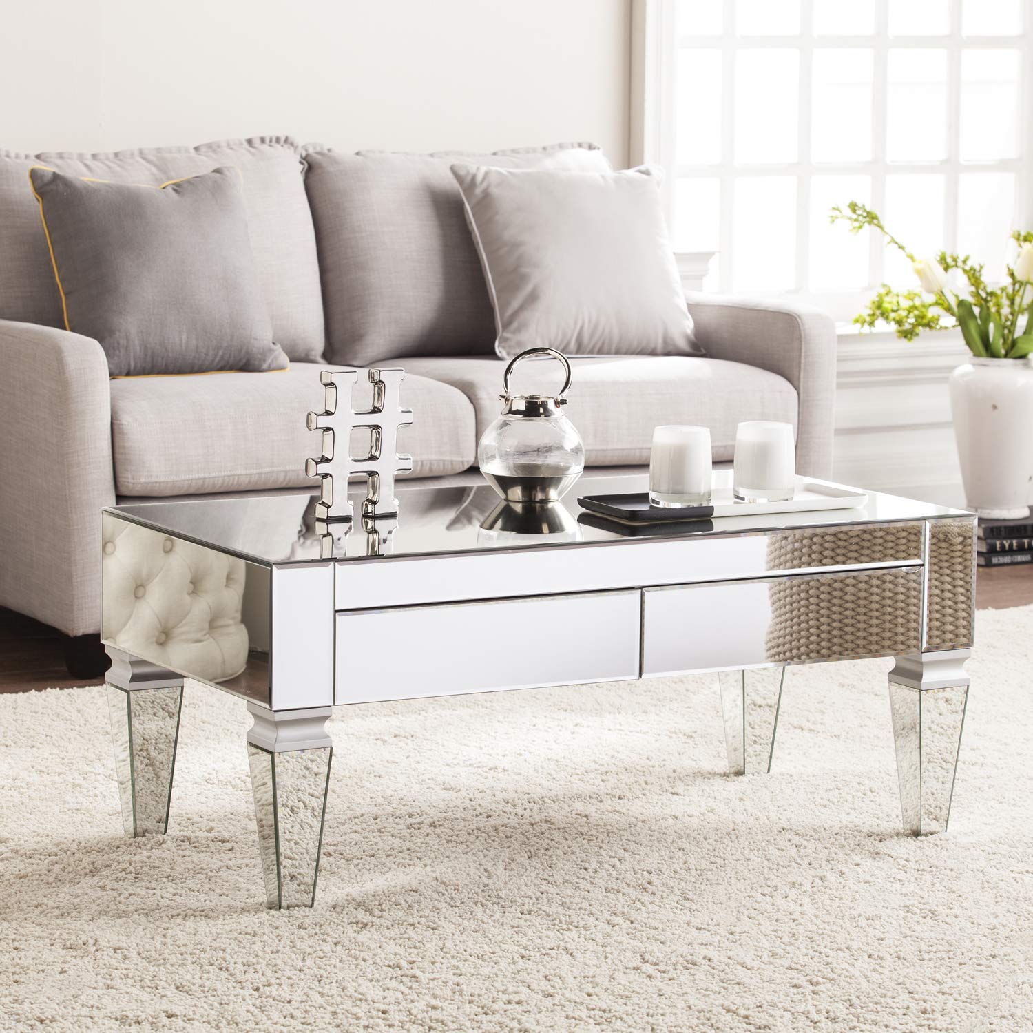 SEI Furniture Darien Contemporary Mirrored Rectangular Coffee Table, Rectangle, Silver