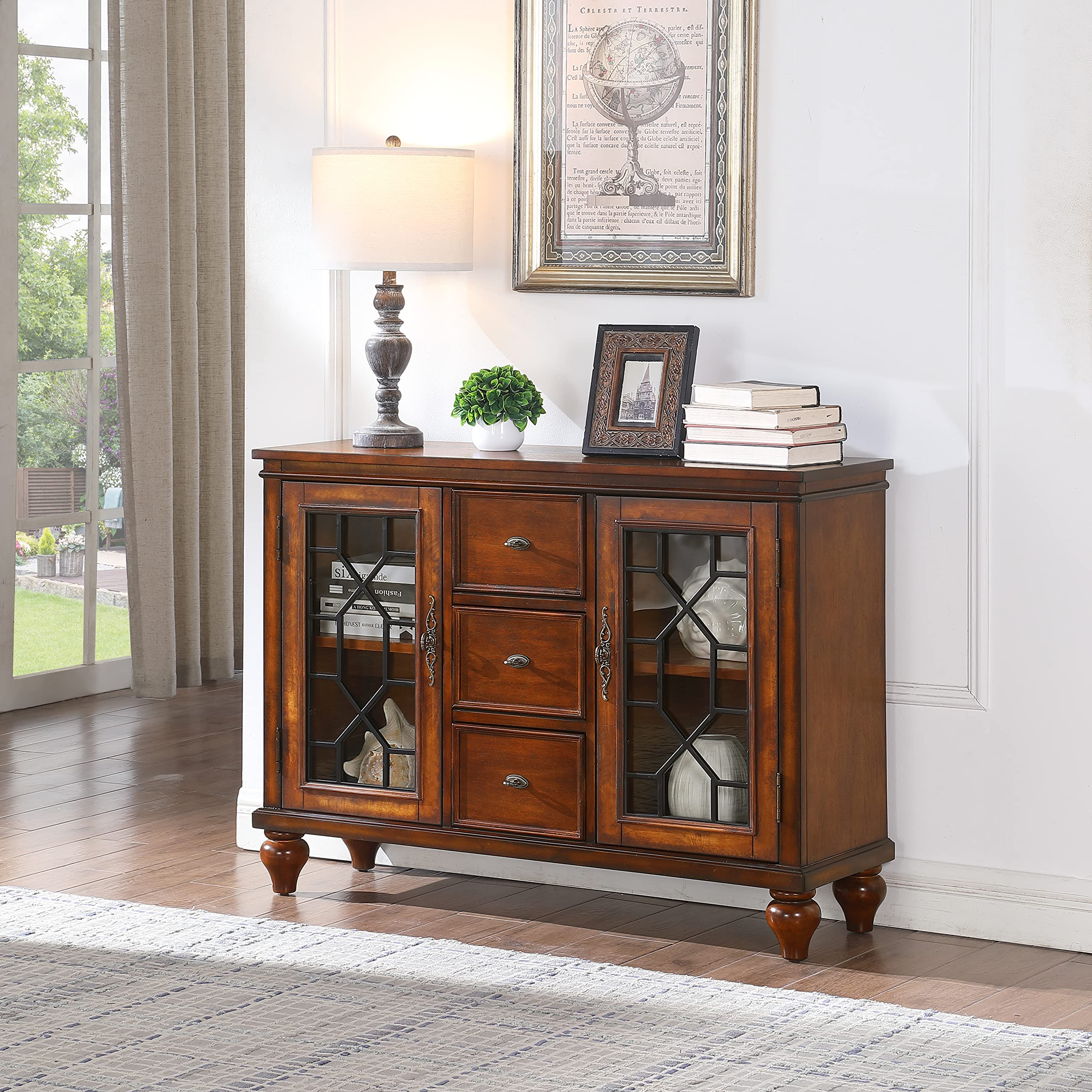 Farati Sideboard & Buffets Cabinet with Iron Framed Glass Doors, 3 Drawers and Adjustable Shelves Accent Display Storage Distressed Console Cabinet for Entryway Living Room Bedroom Kitchen (Cherry)