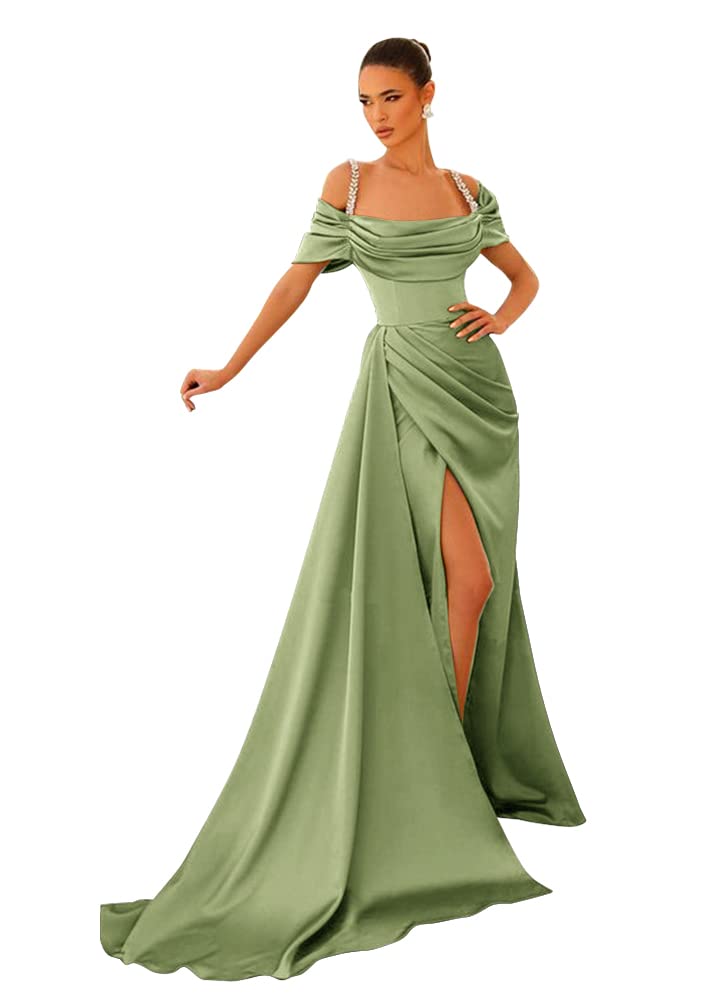 Off Shoulder Prom Dresses Satin Mermaid Bridal Gown Sequins Straps Sexy High Slit Wedding Dress for Women