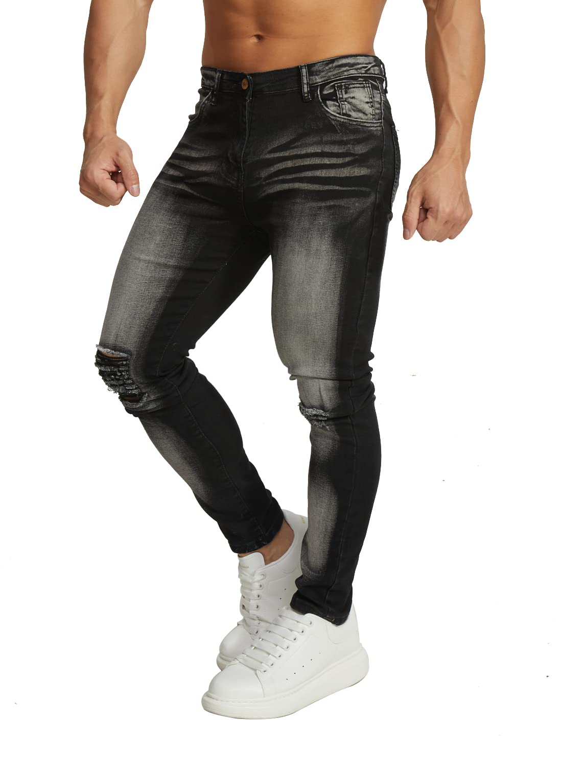 Men's Stretchy Ripped Skinny Jeans Taped Slim Fit Denim Jeans