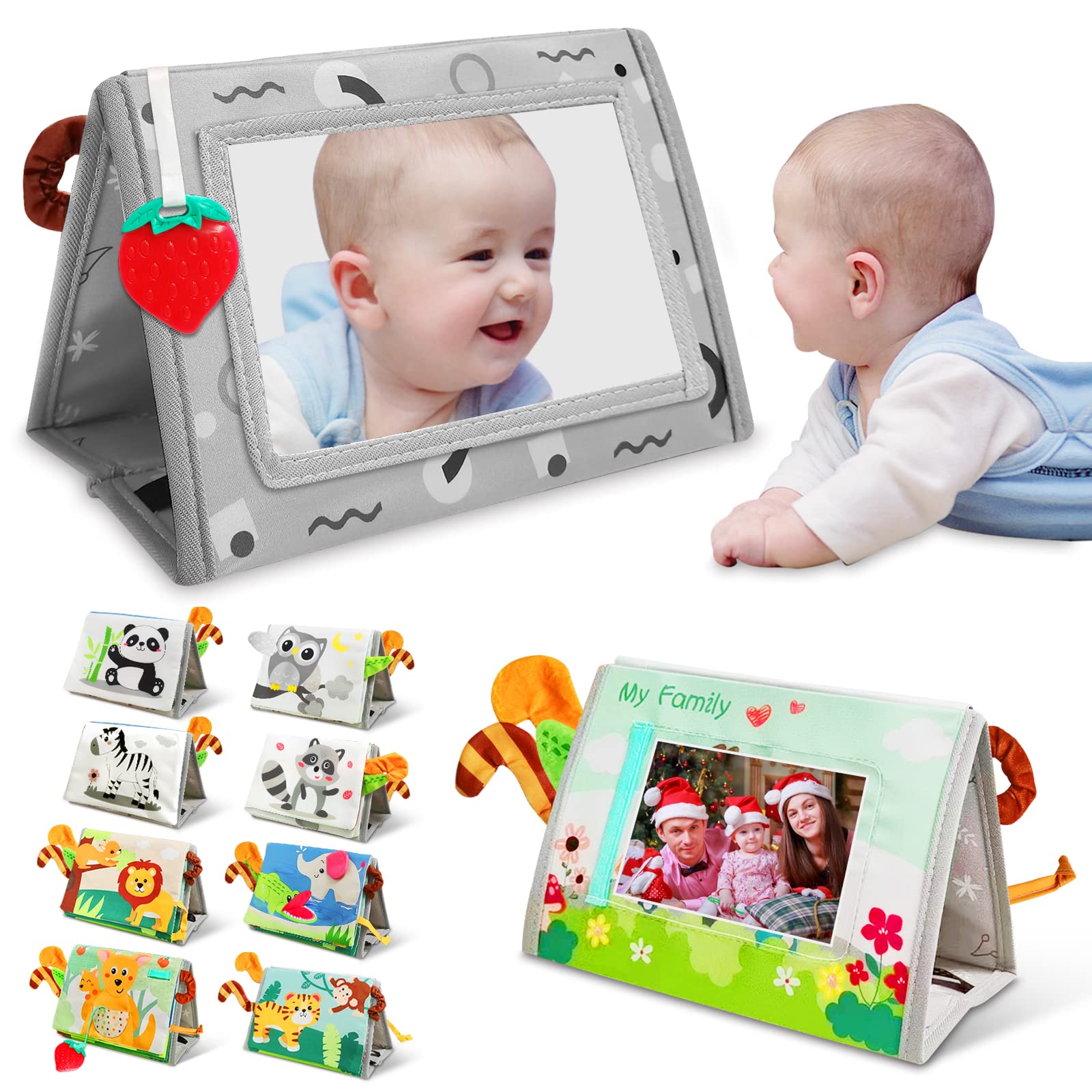 Tummy Time Baby Toys 0-3-6-12 Months Old,Newborn,Infant Mirror Brain Development Visual Stimulation Toys with Teether,Picture Frame for Boys/Girls,Educational Montessori Sensory Crinkle Soft Books