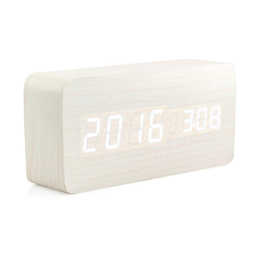 Oct17 Wooden Digital Alarm Clock, Wood Fashion Multi-Function LED Alarm Clock with USB Power Supply, Voice Control, Thermometer - White