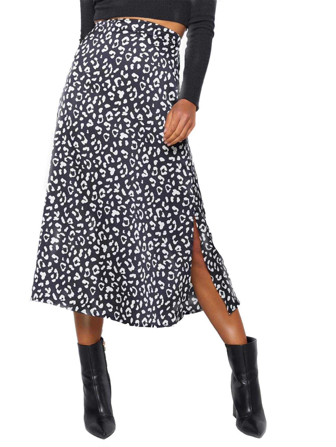 Women's Casual Print Side Split High Waist Zipper Midi Skirt