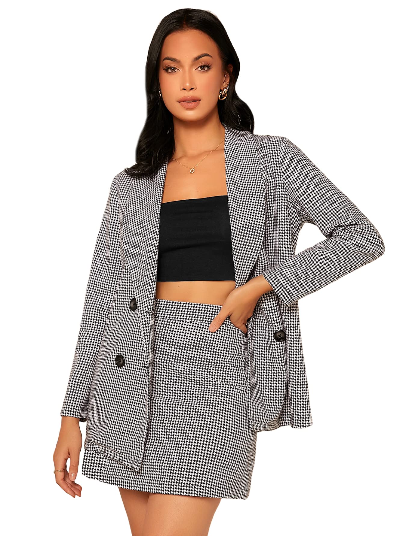 Women's 2 Piece Outfits Houndstooth Double Breasted Blazer and Skirt Suit Set