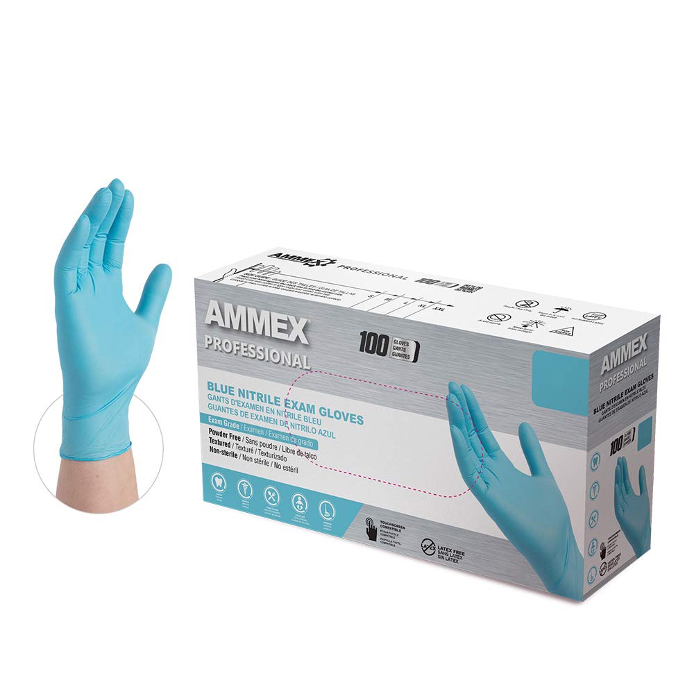 AMMEX Blue Nitrile Disposable Exam-Grade Gloves, 3 Mil, Latex & Powder Free, Food-Safe, Lightly-Textured, Non-Sterile
