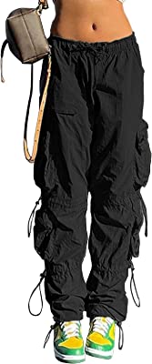 Parachute Pants for Women, Baggy Drawstring Elastic Low Waist Ruched Cargo Pants, Multiple Pockets Jogger Y2K Pants