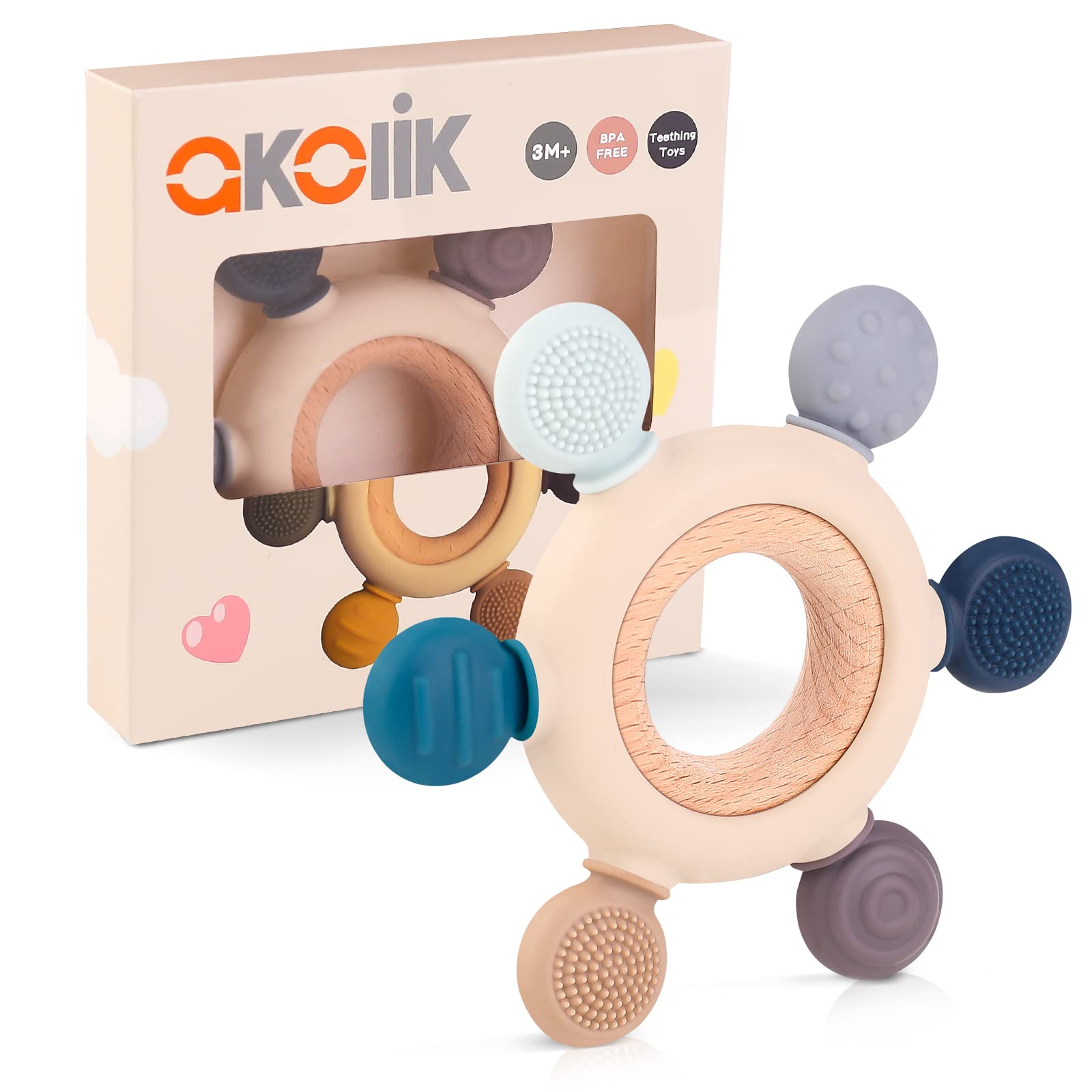 akolik Baby Teething Toys, Silicone Teether for Babies Toddlers, BPA-Free, Oar Clutching Toy Teether, Soothing Teething Pain Relief for Baby 3M+- Brown