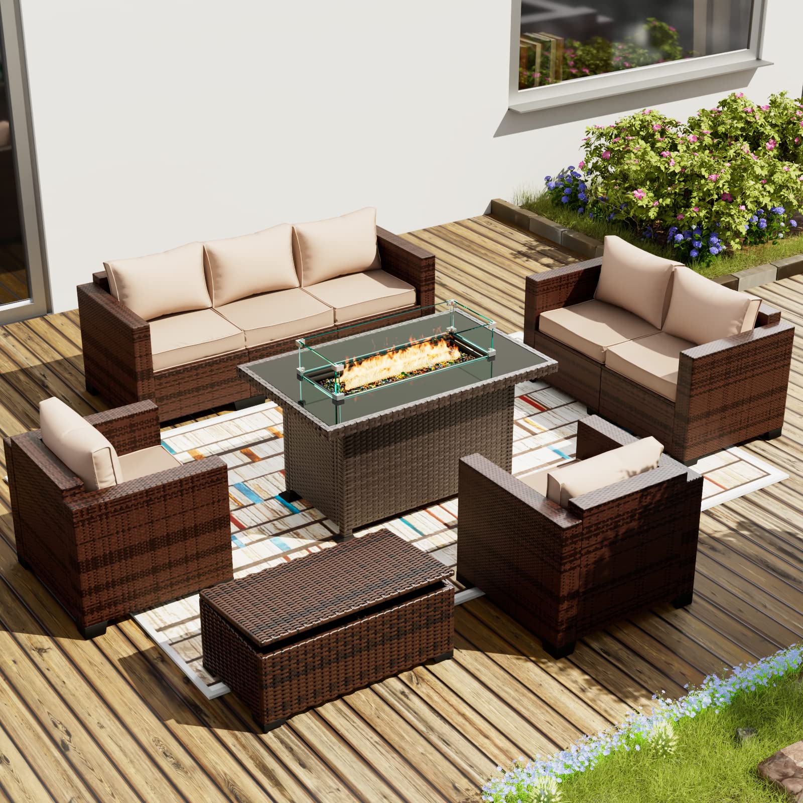 Amopatio Patio Furniture Set with Fire Pit Table, 9 Pieces Outdoor Sectional Furniture Rattan Couch, 44" Gas Fire Pit Conversation Set with Storage Table, Wicker Patio Sofa Sets for Yard (Khaki)