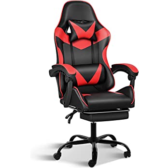          Simple Deluxe Backrest and Seat Height Adjustable Swivel Recliner Racing Office Computer Ergonomic Video Game Chair, 18.5D x 24W x 43H in, Red with Footrest        