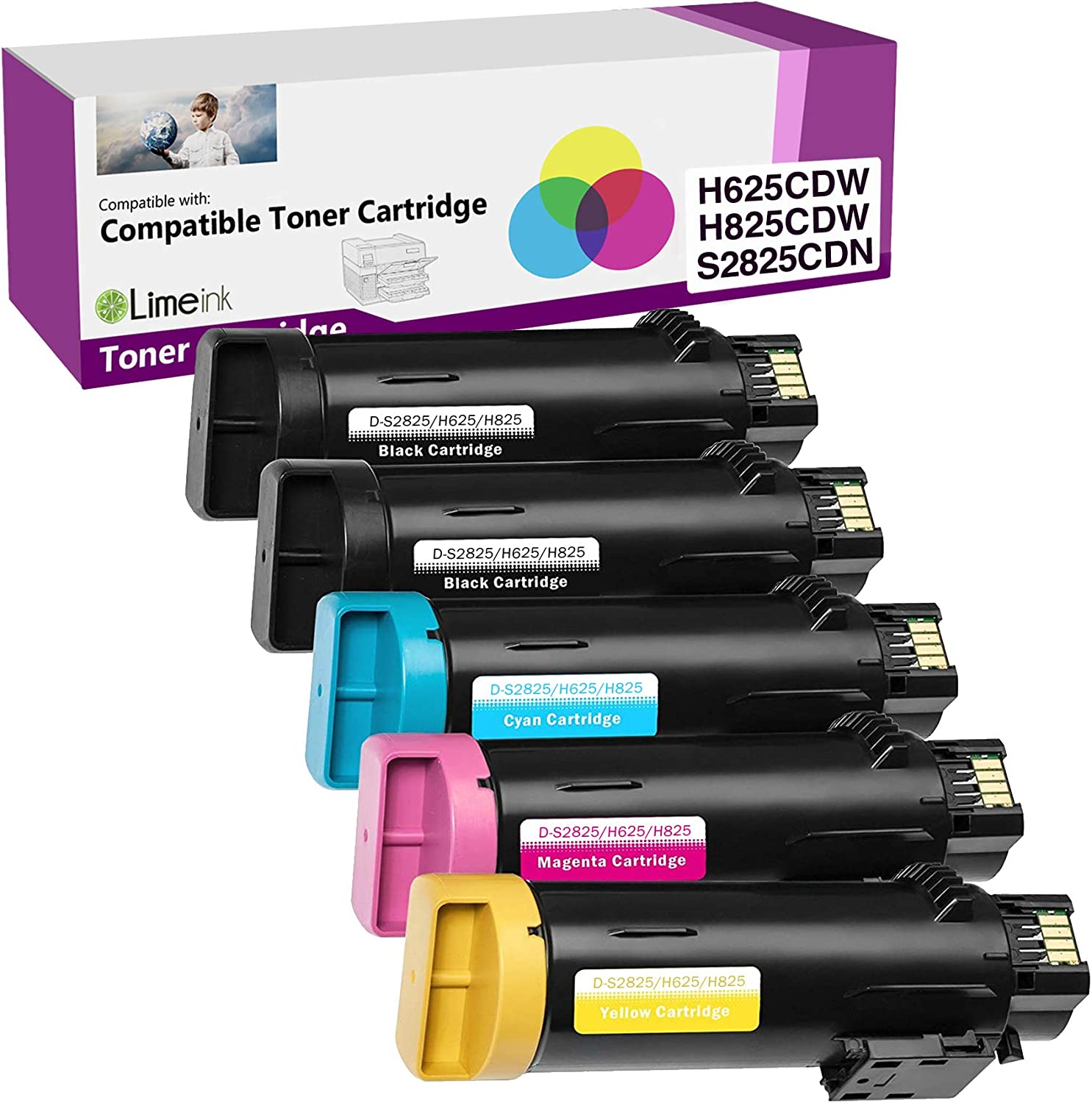         Limeink Compatible Toner Cartridge Replacement for Dell H625cdw Toner H825cdw for Dell Toner S2825cdn High Yield Laser Toner Cartridges For H625 H825 s2825 Ink 5 Pack 2 Black 1 Cyan 1 Yellow 1