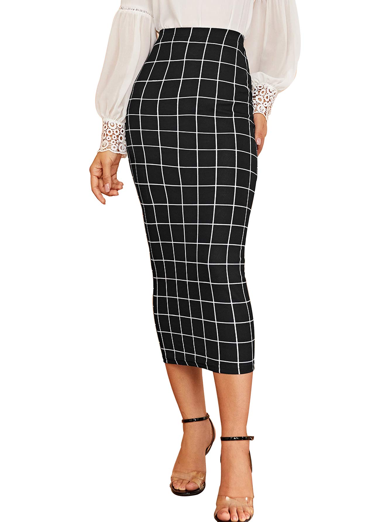 Women's Elegant Plaid Elastic Waist Bodycon Midi Skirt