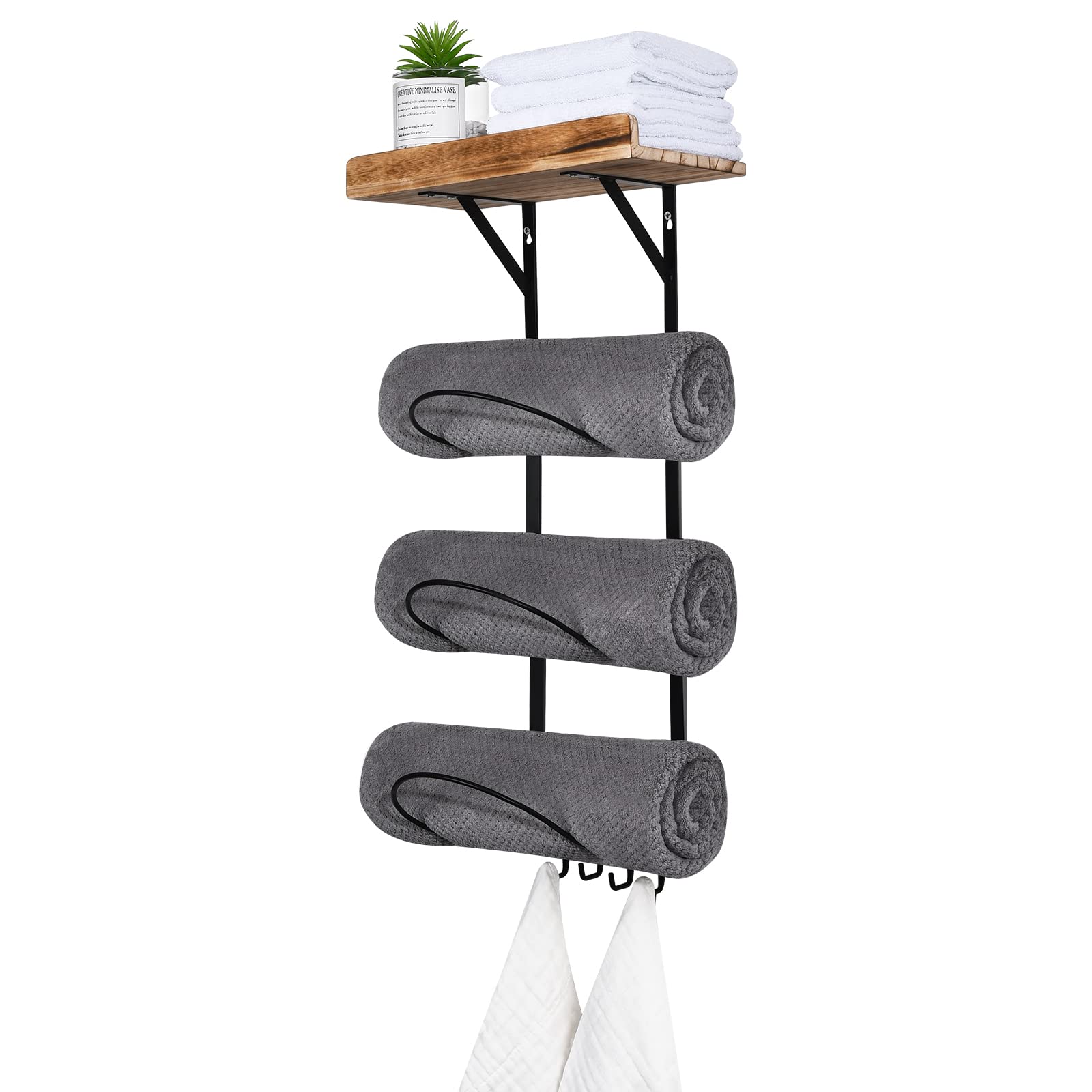 Towel Rack Towel Holder for Bathroom Wall Mount,Tower Organizer with Wooden Shelf and 3 Hooks for Small Bathroom/RV/Camper-Black