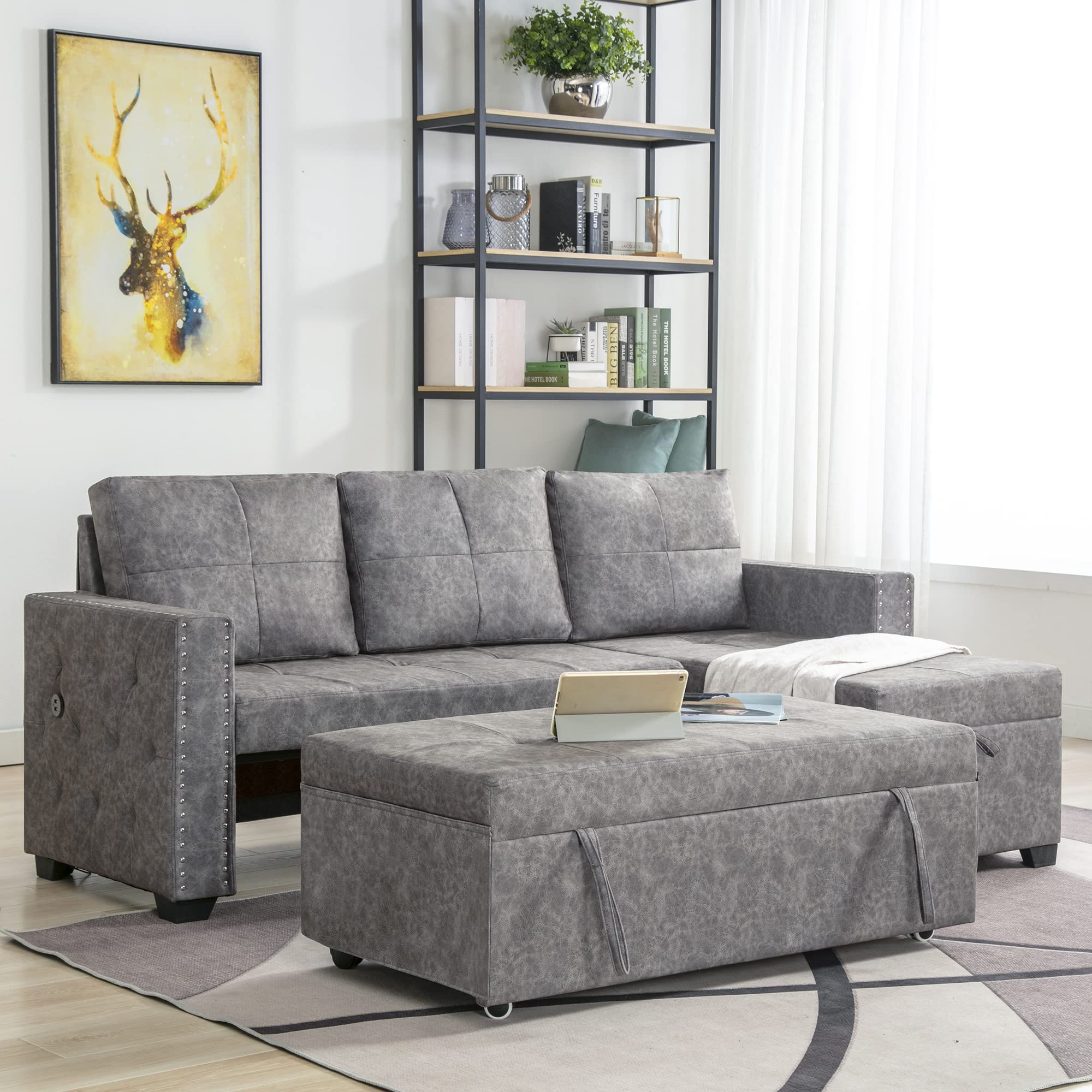 Woanke L Shaped Sectional Sofa, Modern Modular Convertible Corner Couch, Two Seats Sofá Bed with 2 USB Chargers, Storage Chaise, Sleeper Independent Use as Coffee Table, Nail Headed, Gray