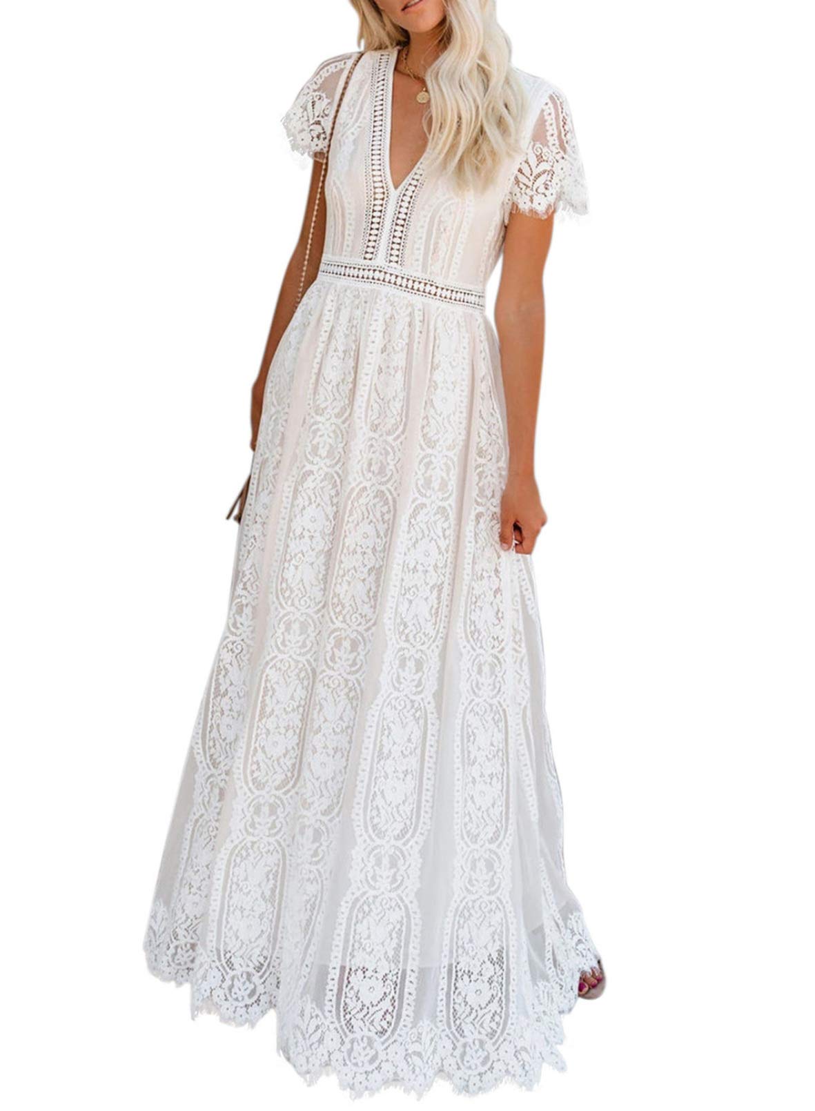 Women's V Neck Floral Lace Wedding Dress Short Sleeve Bridesmaid Evening Party Maxi Dress