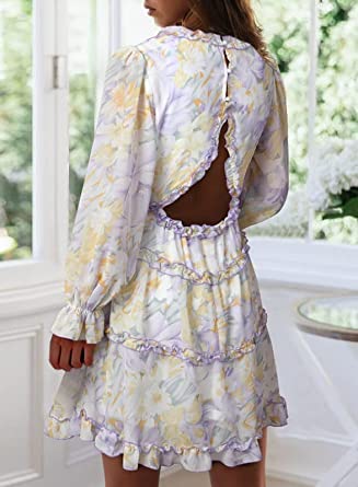          Dokotoo Womens 2023 Spring Summer Deep V Neck Ruffle Long Sleeve Floral Print Mini Dress        