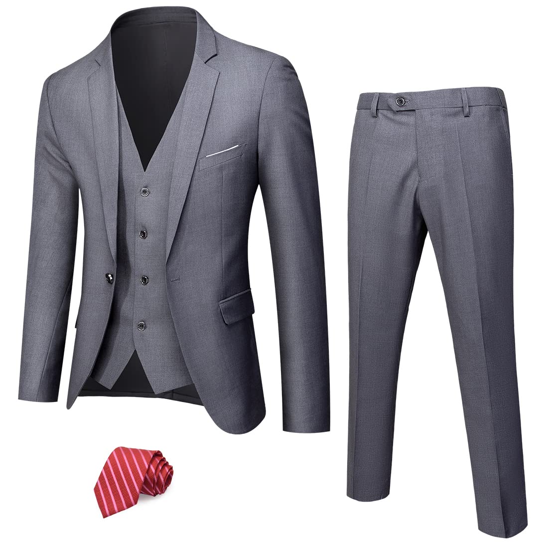 MY'S Men's 3 Piece Solid Suit Set, One Button Slim Fit Jacket Vest Pants with Tie