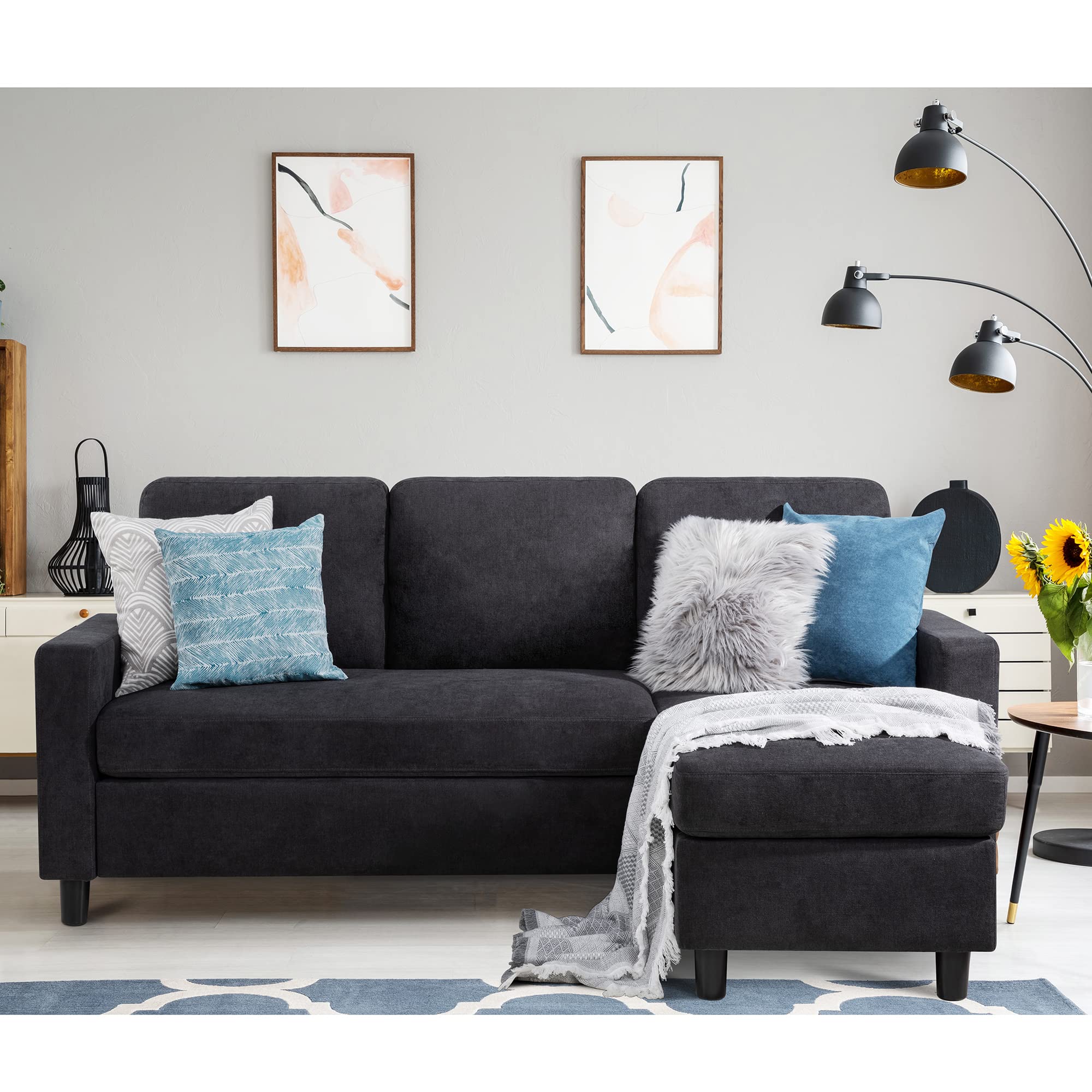 Shintenchi Convertible Sectional Sofa Couch, Modern Linen Fabric L-Shaped Couch 3-Seat Sofa Sectional with Reversible Chaise for Small Living Room, Apartment and Small Space (Black)