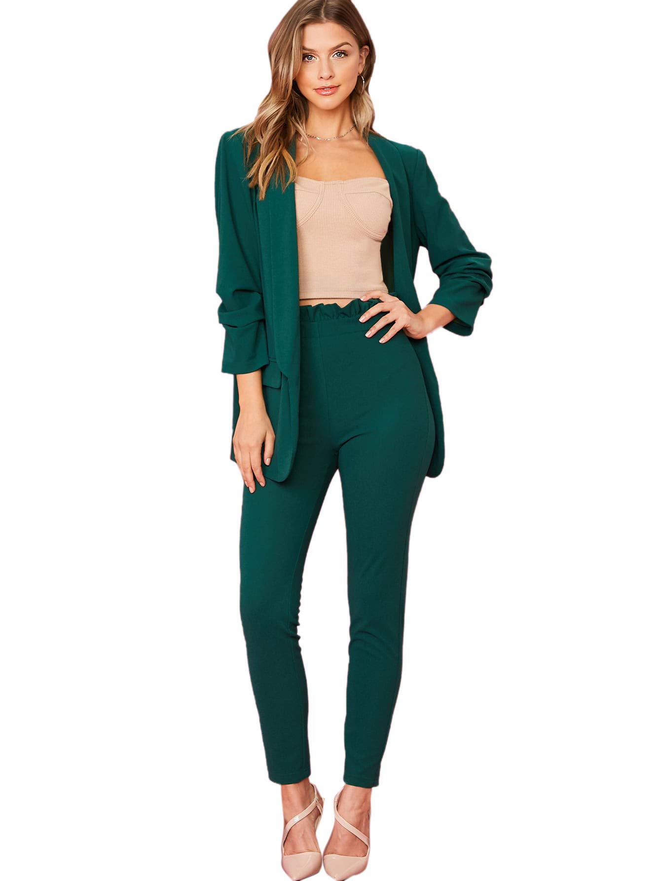 Women's Two Piece Open Front Long Sleeve Blazer and Elastic Waist Solid Pant Set Suit
