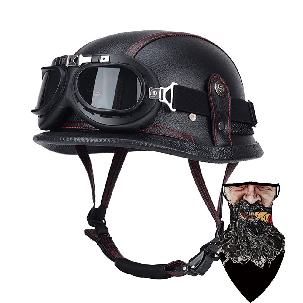 Motorcycle German Leather Half Face Helmet,100% DOT/ECE Approved Cap Half Shell Helmet+Goggles Retro Open-Face Helmet with Adjustable Quick Release Buckle for Cruiser