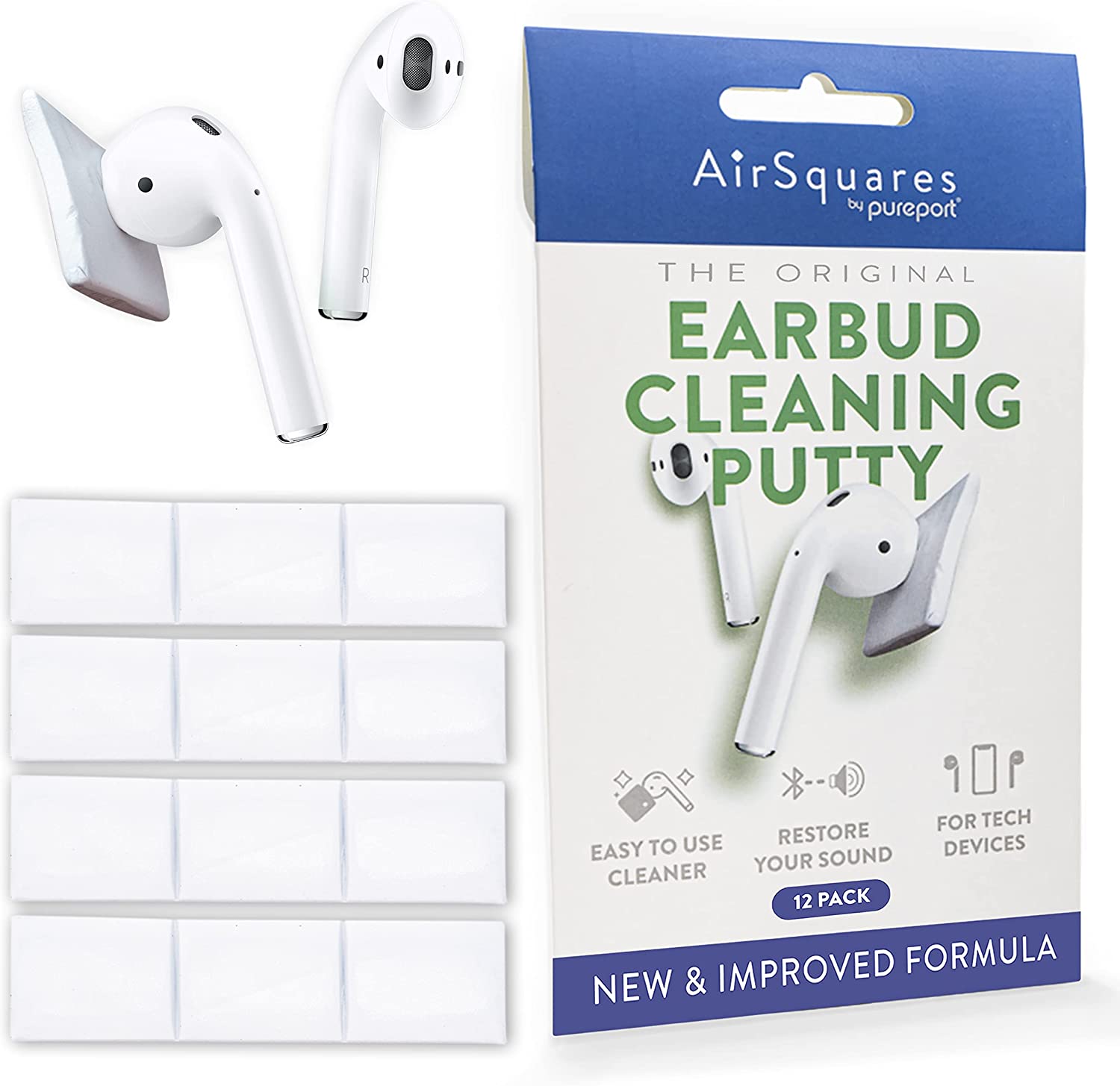         AirSquares Earbud Cleaning Putty - The Original AirPod Cleaner Kit| Remove Wax, Dirt &amp; Gunk from the Speaker Grille &amp; Other Surfaces of AirPods, Earbuds &amp; Hearing-aid Devices| AirP
