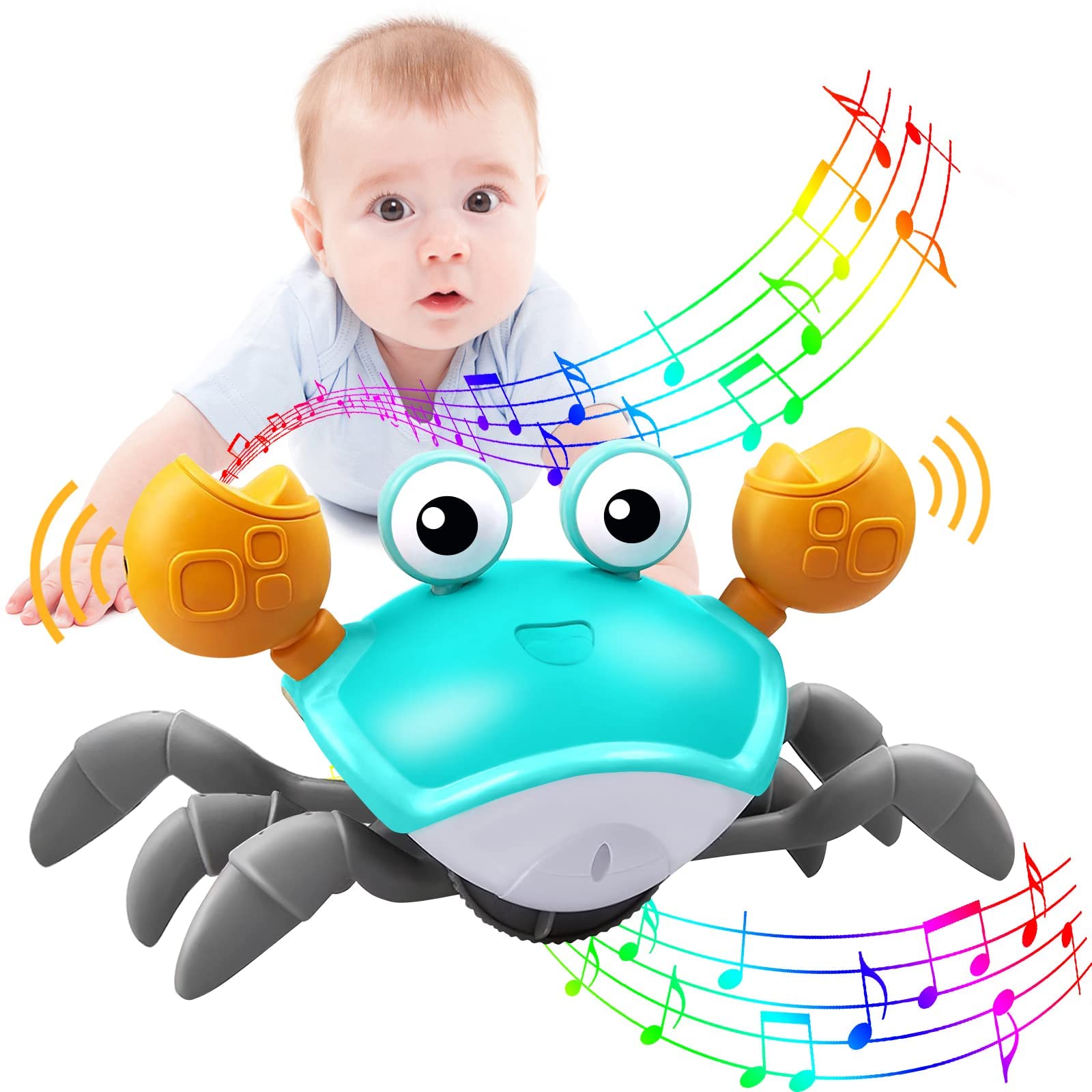 Crawling Crab Baby Toy，Tummy Time Baby Toys with Music and LED Light Will Automatically Avoid Obstacles, Build in Rechargeable Battery for Toddler Interactive Development Toy