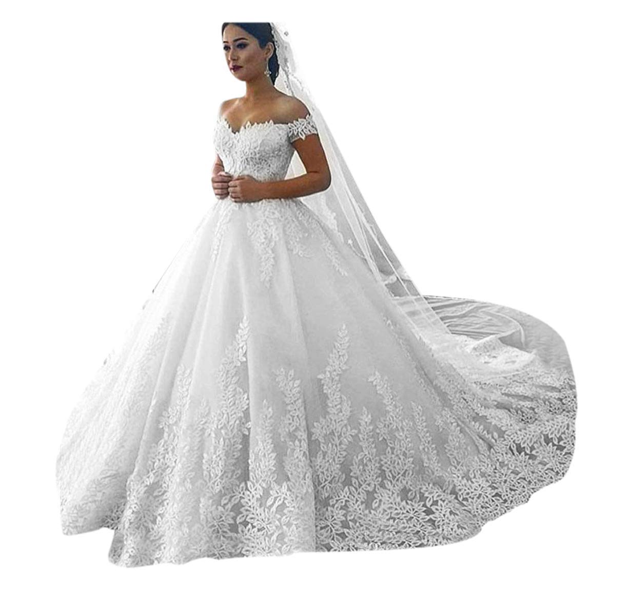 ASG Gorgeous Off Shoulder Lace Wedding Dresses for Bride 2022 Ball Gown Plus Size Court Train Formal Bridal Gowns