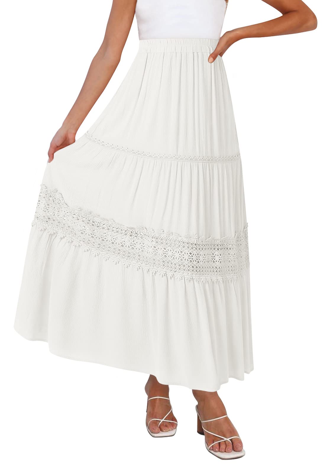 Women's 2023 Summer Bohemian Solid Color Lace Trim Flowy A Line Beach Long Maxi Skirt with Pockets