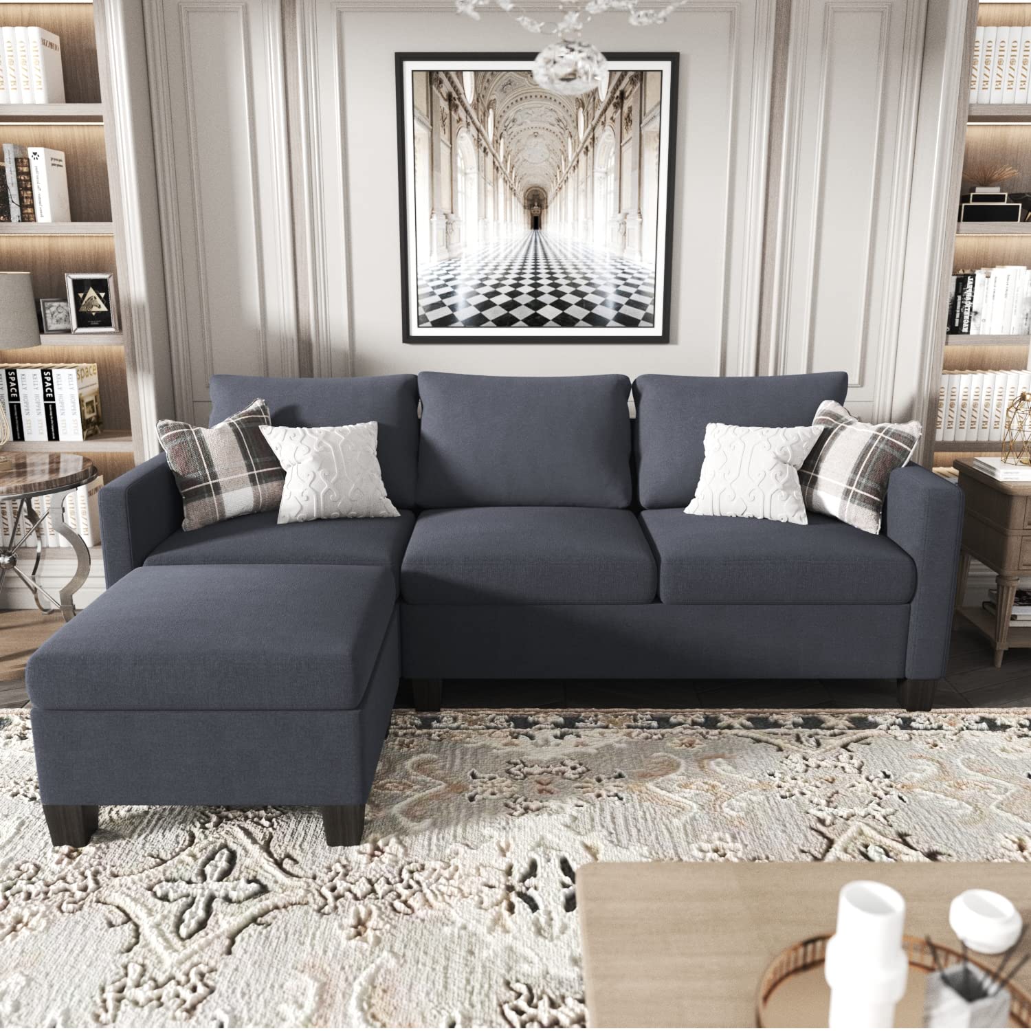 GUNJI Sectional Sofa Couch for Living Room Modern Convertible L-Shaped Couch with Reversible Chaise Fabric 3-Seat Sectional Couch for Small Spaces (Dark Gray)