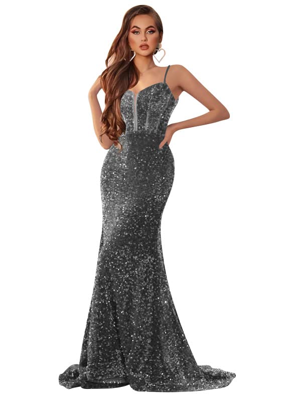 Women's Sparkly Sequin Mermaid Prom Dresses Bodycon Long Formal Evening Gown with Train SE070