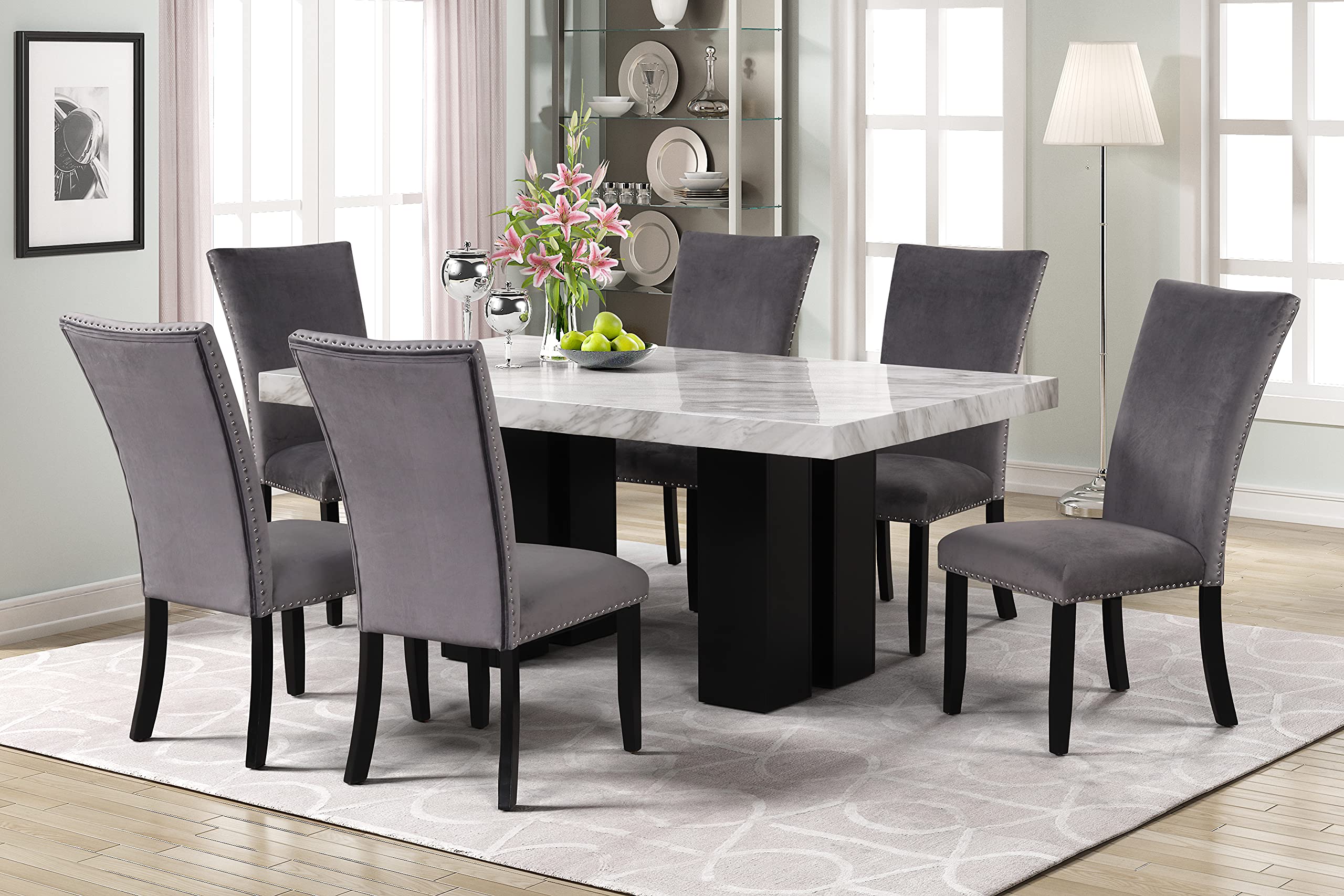 ERDAYE 7-Piece 1 Faux Marble Rectangular Table and 6 Velvet Upholstered Chairs for Home Kitchen Room Breakfast, Lunch and Dinner, Heavy Duty Dining Furniture Set,Grey