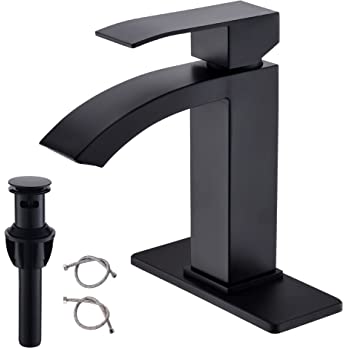          FROPO Black Bathroom Faucet - Single Hole Waterfall Bathroom Sink Faucet, Modern Single Handle Vanity Faucet with Pop-up Drain, 1 Hole or 3 Holes Matte Black Bathroom Sink Faucet        