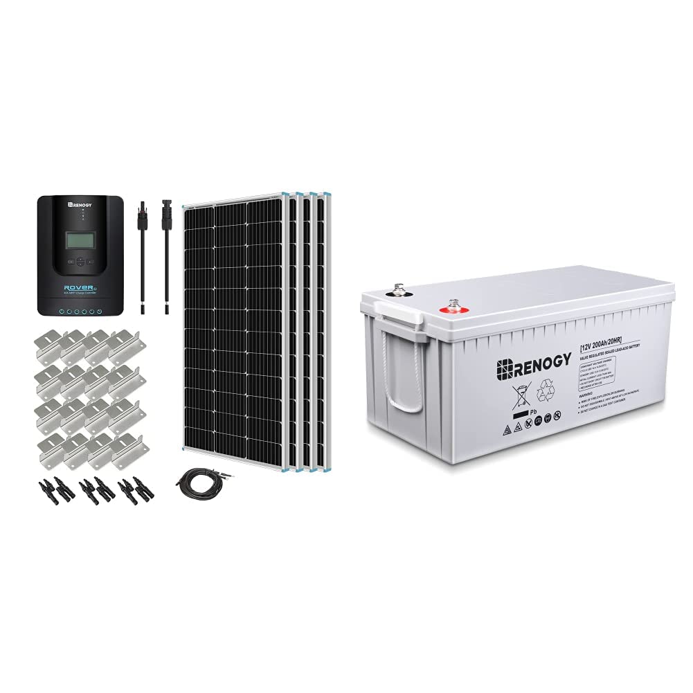 Renogy 400 Watt 12 Volt Monocrystalline Starter Kit with 4 pcs 100W Monocrystalline Solar Panel and 40A Rover MPPT Charge Controller & Deep Cycle AGM Battery 12 Volt 200Ah, 3% Self-Discharge Rate