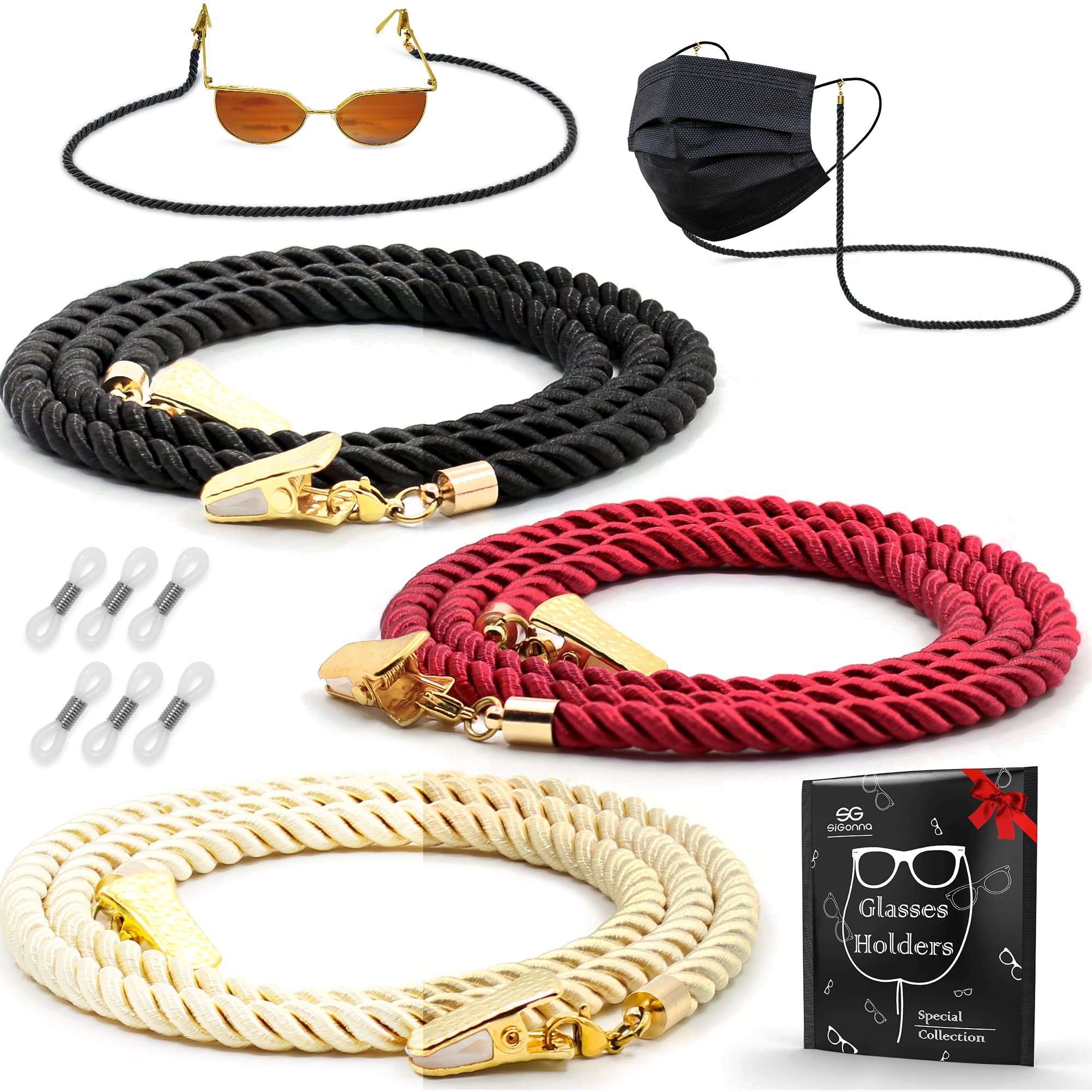 SIGONNA Glasses Strap String Holder Cord - Terylene Eyeglasses Strap Holders - Eye Glasses Accessory Chain - Eyeglass Chains for Women Men - Glasses Lanyard Around Neck - 3 Pcs (Gold)