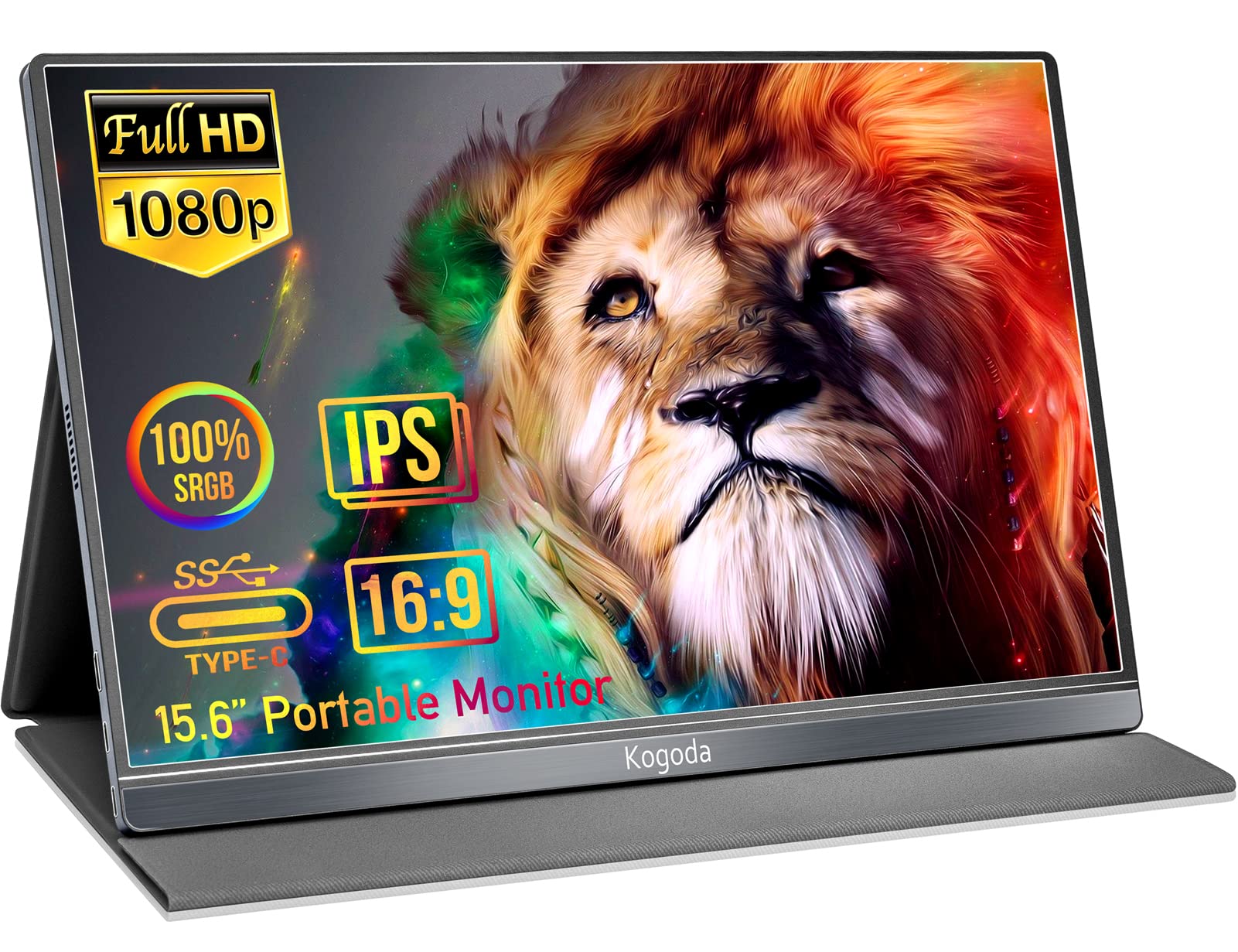 KOGODA Portable Monitor 15.6'' FHD 1080P IPS HDR Travel Monitor with Mini HDMI USB C Port,Portable Monitor for Laptop PC Mac Phone Xbox PS5 Switch,Smart Cover,Dual Speakers,Plug and Play