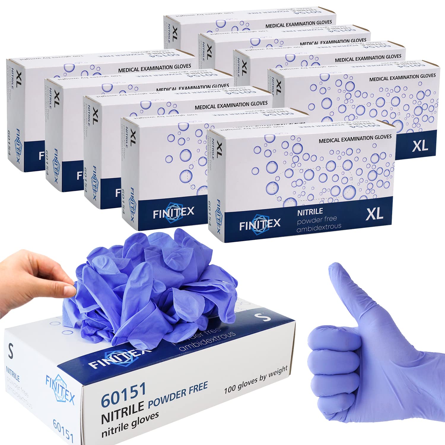 FINITEX Ice Blue Nitrile Exam Gloves Powder-free 1000 PCS Medical Gloves Examination Home Cleaning Food Gloves