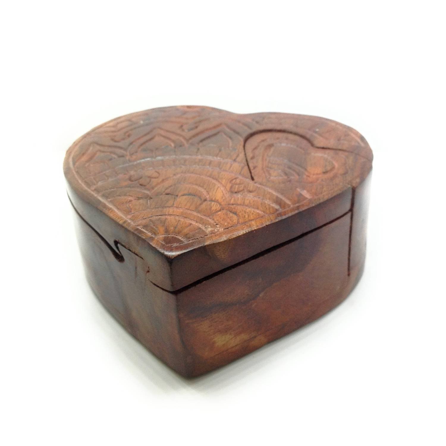 Lify Heart All Natural Exotic Woods Puzzle Box, 4.5" X 4" X 2" with Sliding Wooden Key Lock, Sliding Cover and Inner Lid to Hidden Compartment. Hand-Made Wood Onlay Design on Lid.- 1 Piece