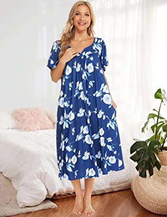          Bloggerlove House Dresses for Women With Pockets Mumu Duster Housecoat Short Sleeve Patio Dress S-XXL        